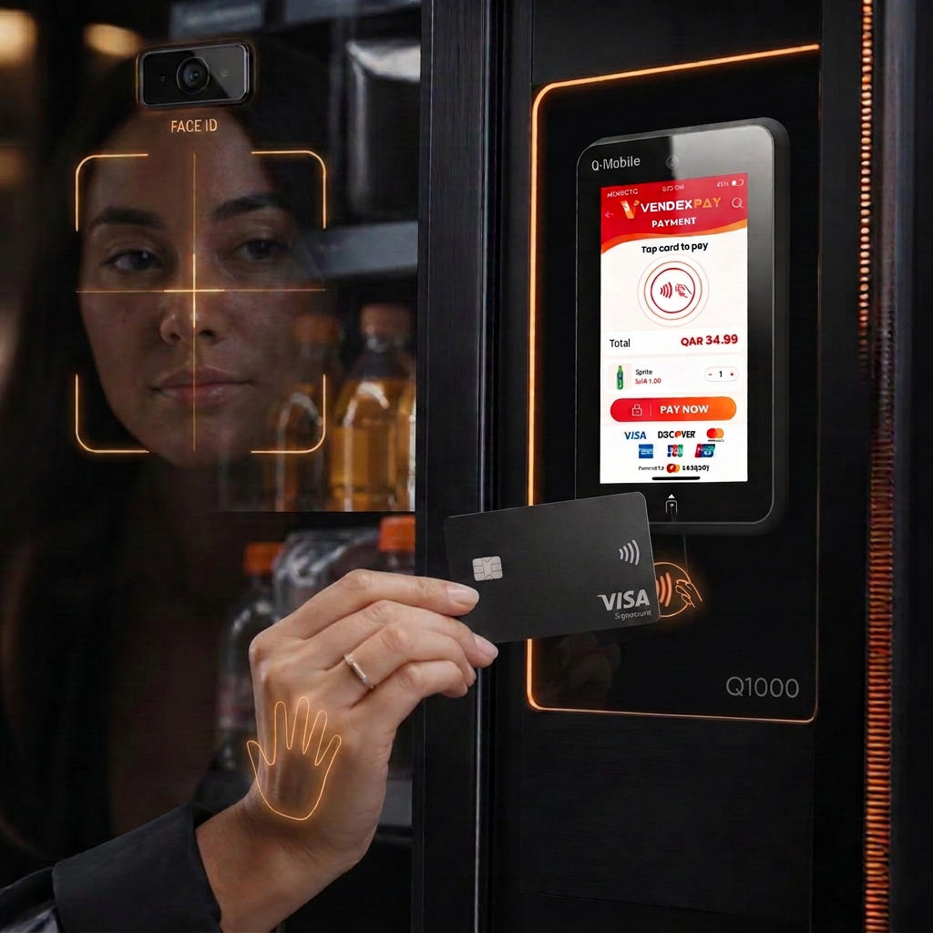 Customer tapping a bank card on the Vendex Pay terminal built into a smart vending machine, with face and palm recognition and card insert slot